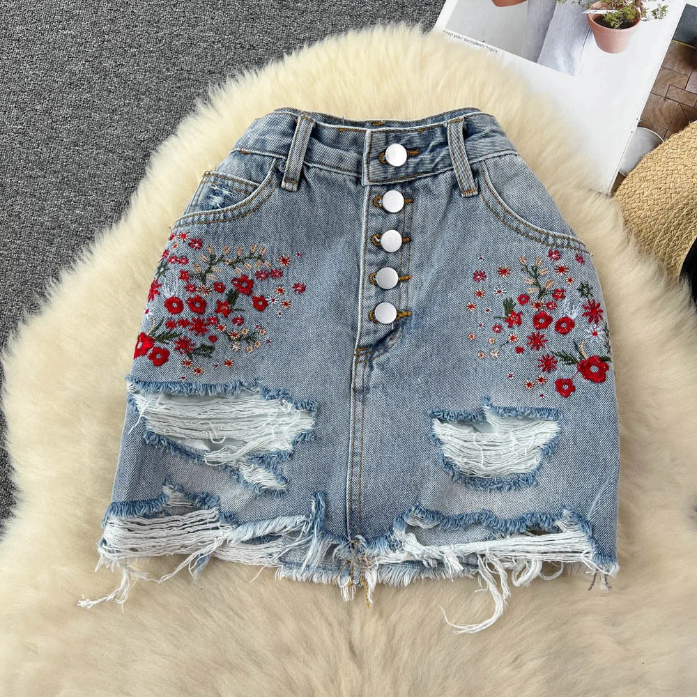 Elegant Sequin Embroidered Denim Skirt with Fringes main image 1