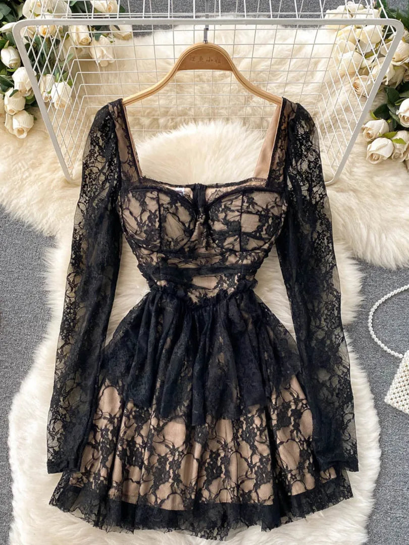 Elegant Long Sleeve Black Lace Cocktail Dress on Luulla
