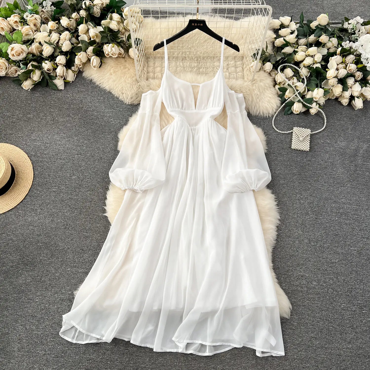polka dot evening dress Dottie Puff Sleeve Midi Tiffany Prom Long Formal Color:Porcelain 50% Bamboo 50% Linen