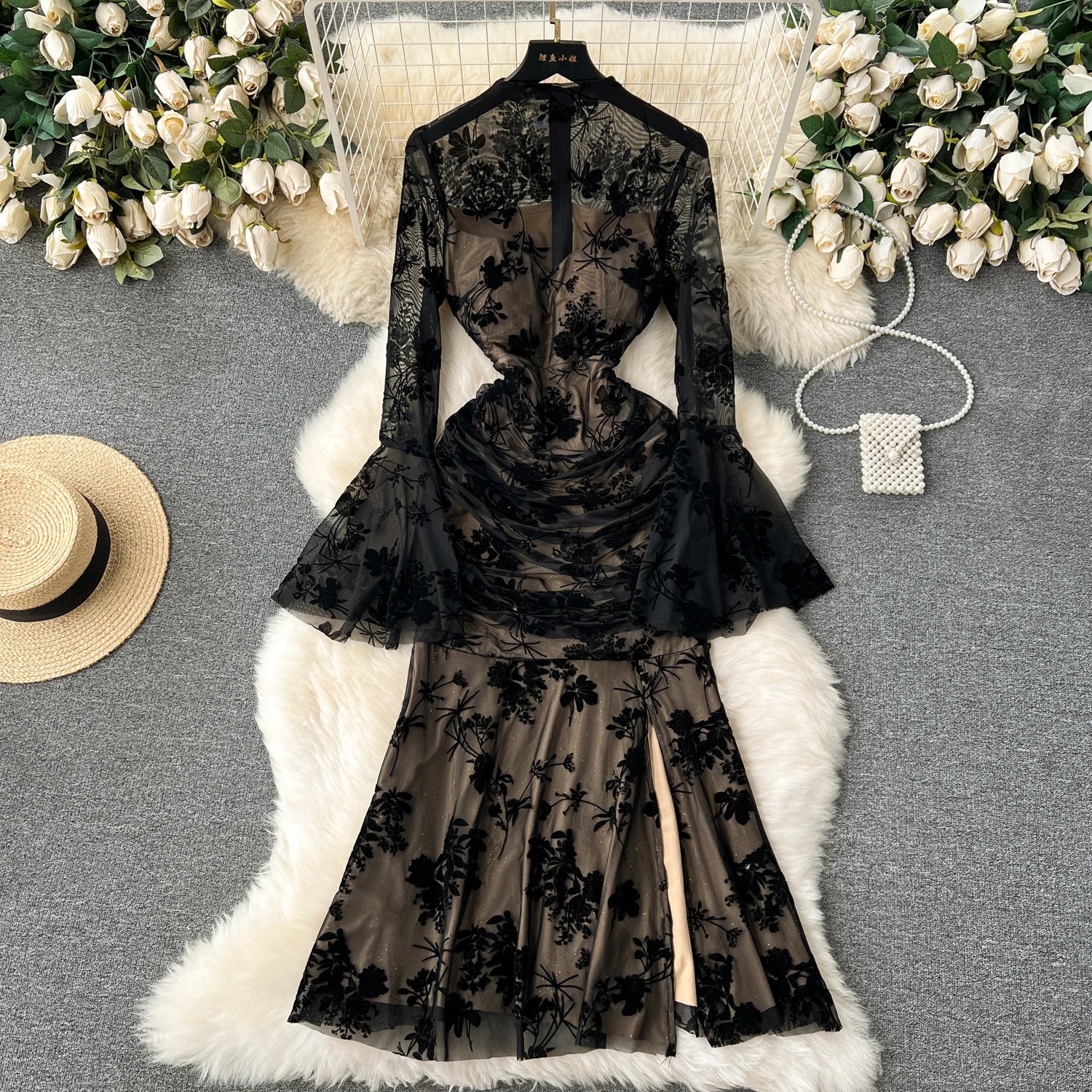 Embroidered Flower Black Long Tube Top Dress Wedding Evening Party Cocktail Dress