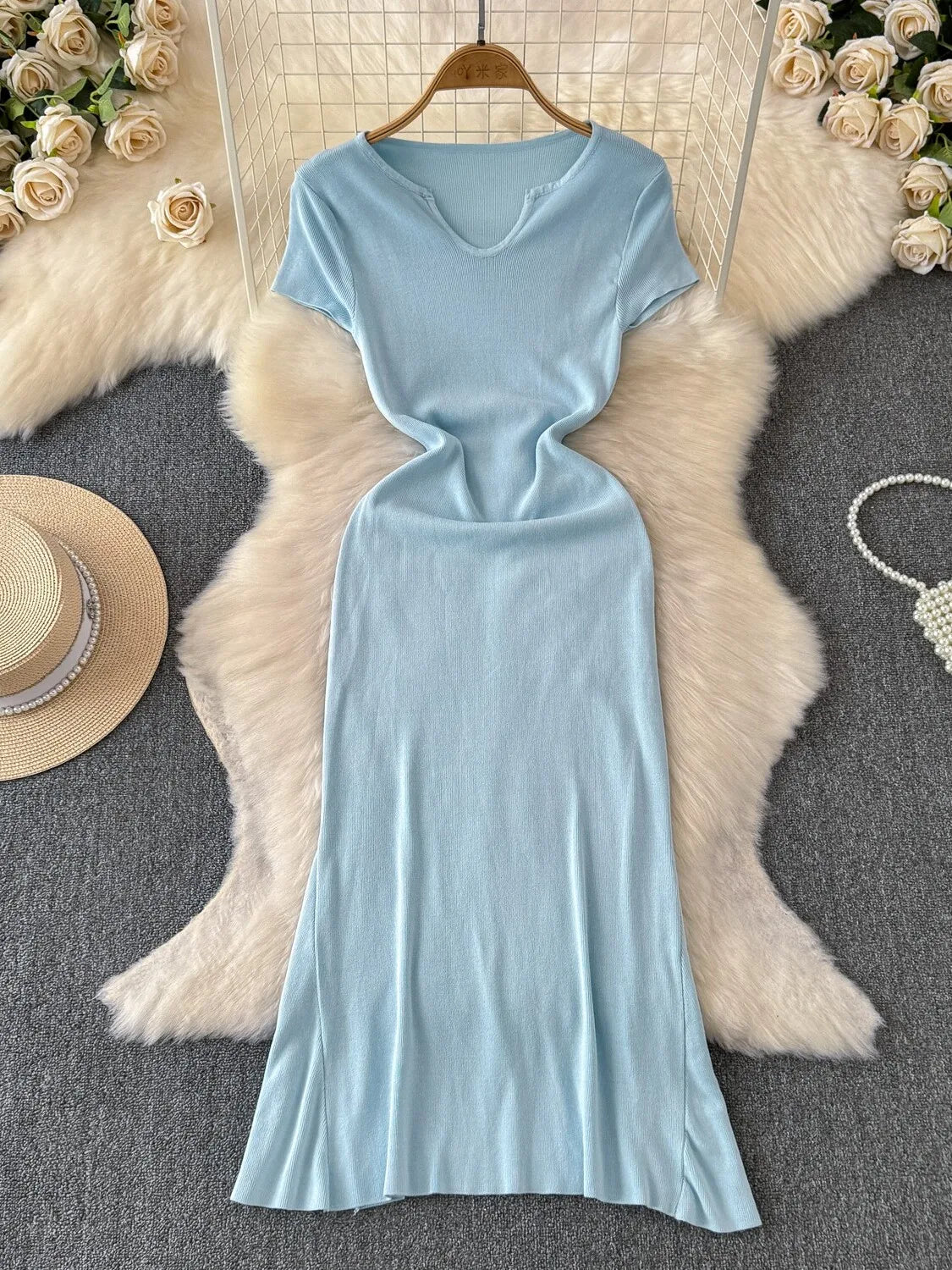 Elegant Sky Blue Midi Dress With Short Sleeves on Luulla