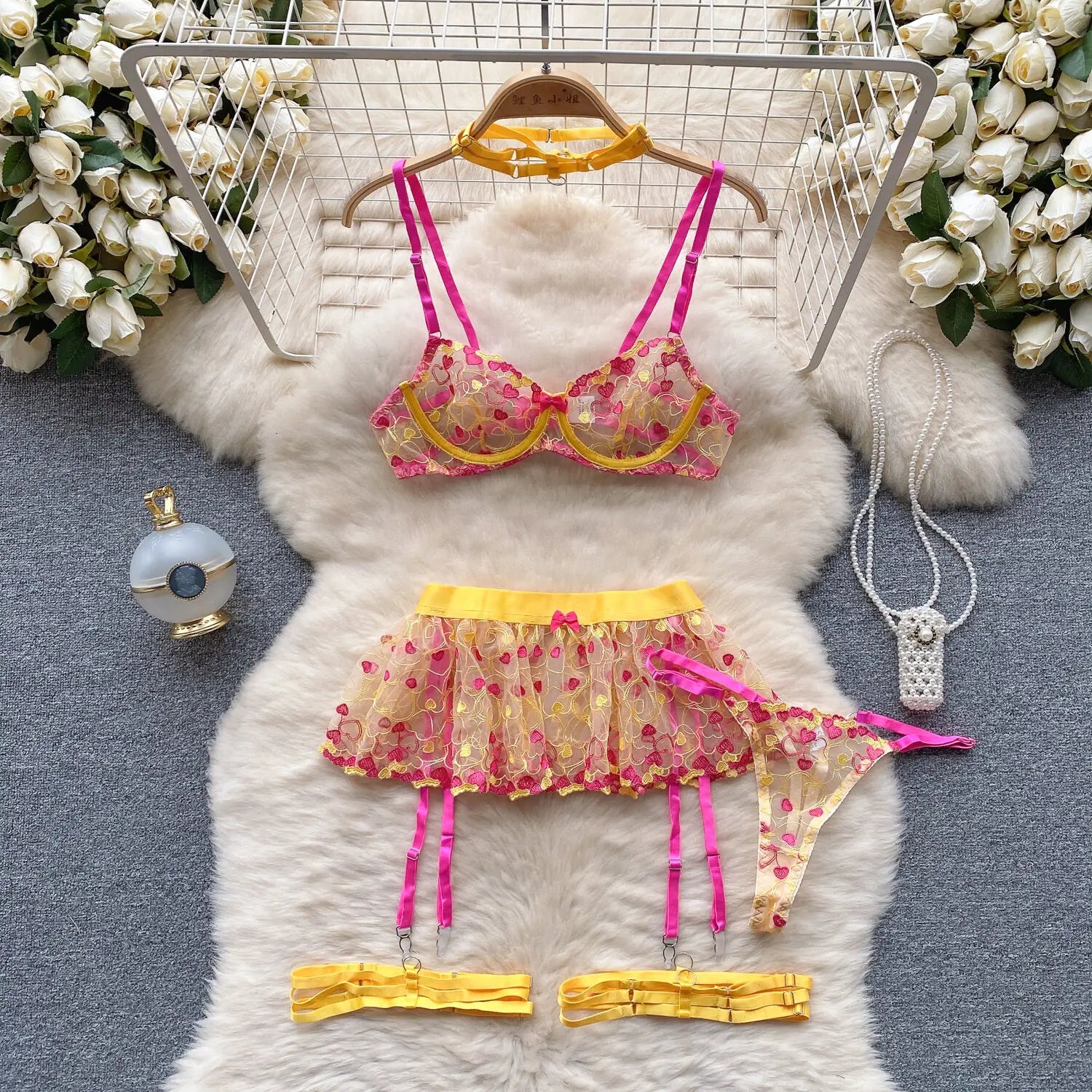 Bralette With Garter Skirt and G-String - One Size - Denim
