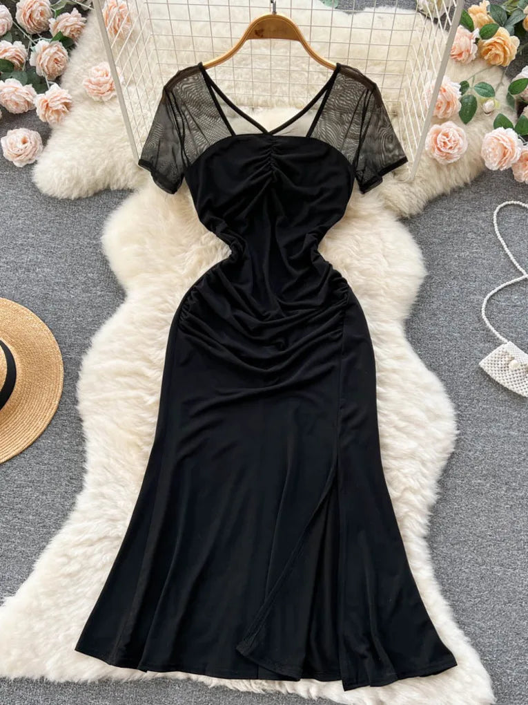 Elegant Black Satin Cocktail Dress With Sheer Sleeves on Luulla