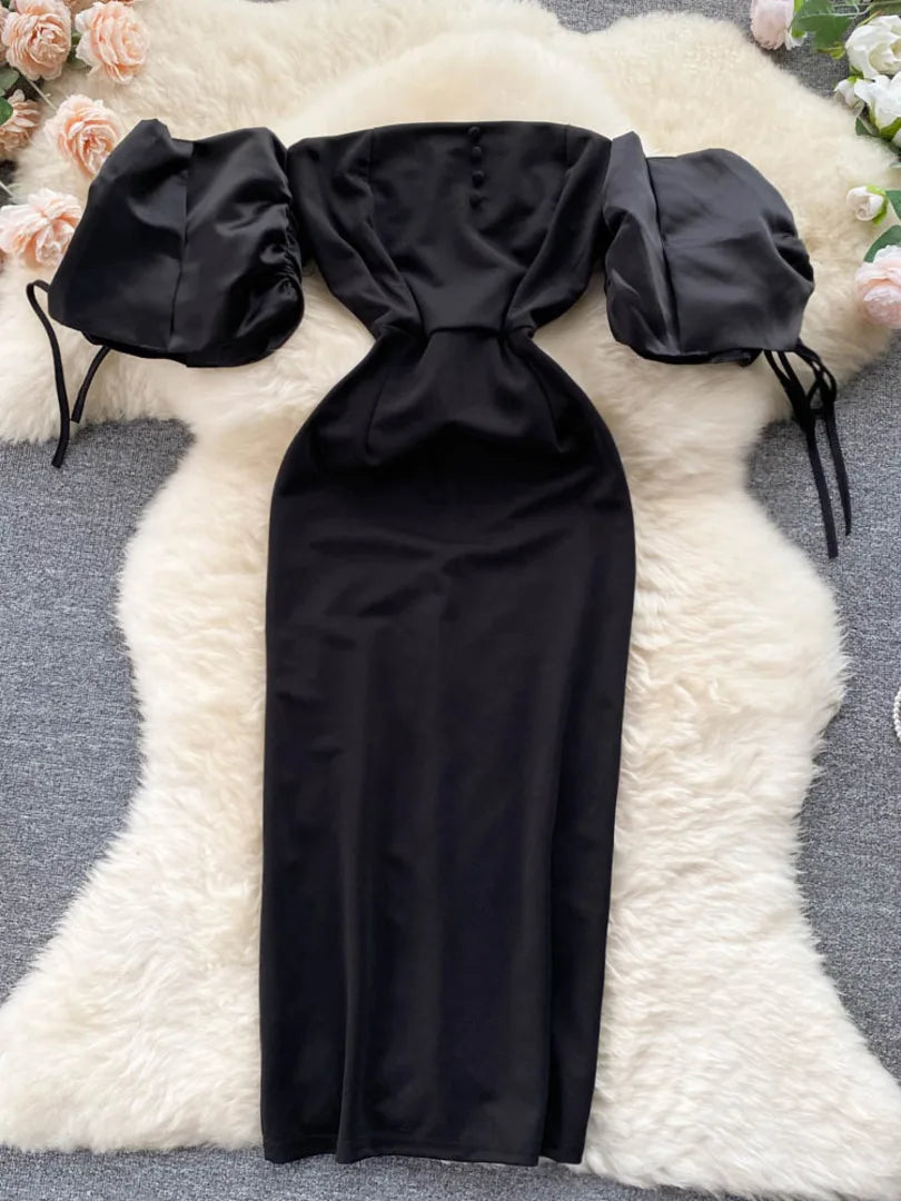 Elegant Black Satin Off-shoulder Midi Dress With Sleeves on Luulla