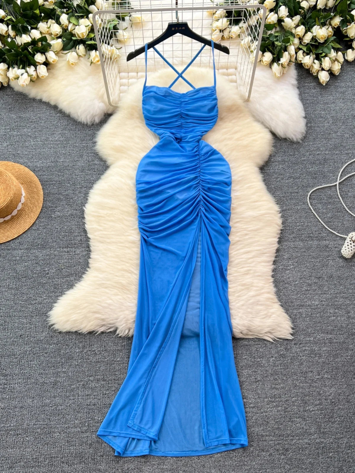 Strapless Long Sheath Chiffon Gown with Slit Royal Blue main image 1