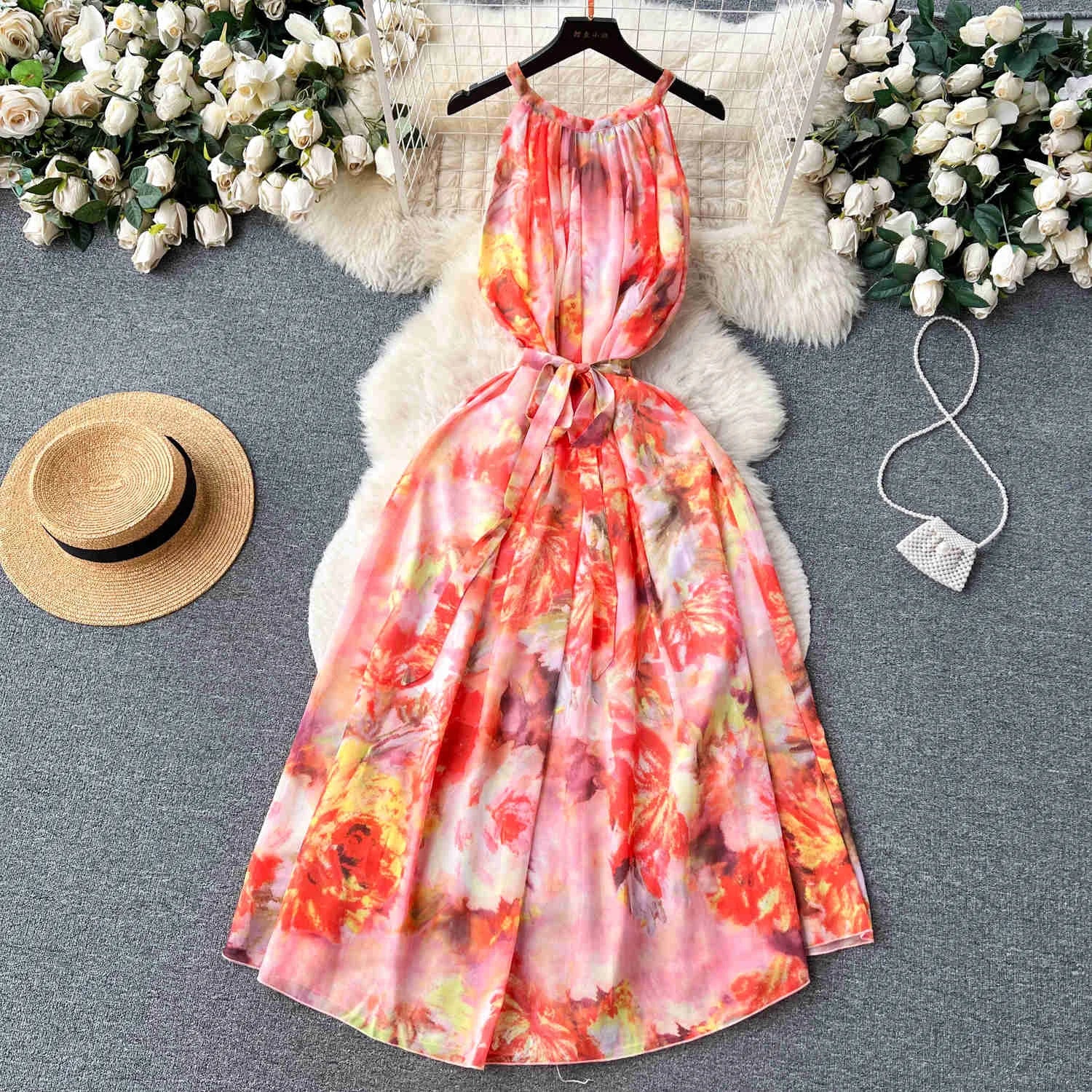 Halter V Neck Back Lace-up Waisted Floral Print Maxi Dress main image 0