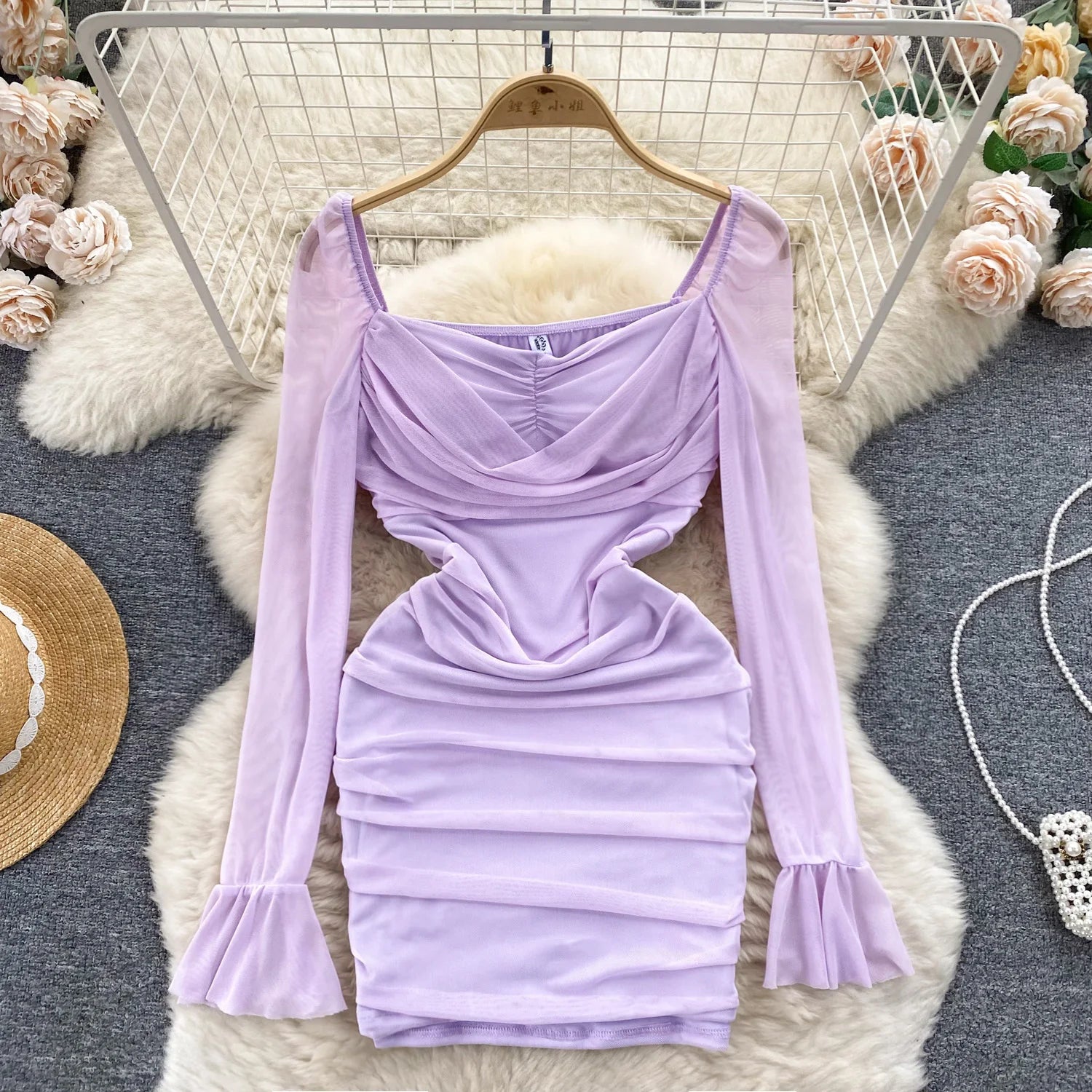 Womens Long Sleeve Ruched Bodycon Mini Dress Lavender on Luulla