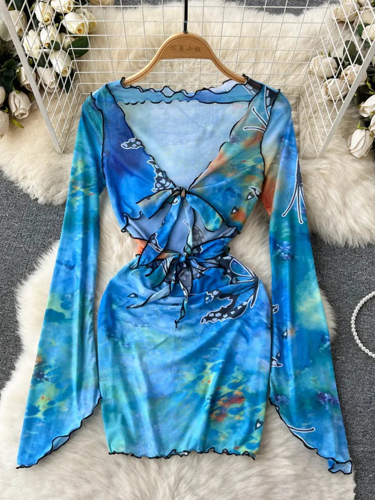 Long Sleeve Satin Dress with Tie Waist main image 1
