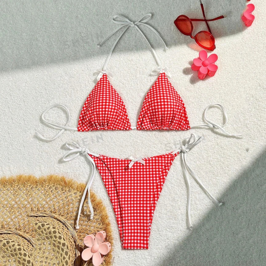 Red Gingham Bikini Set with Skirt