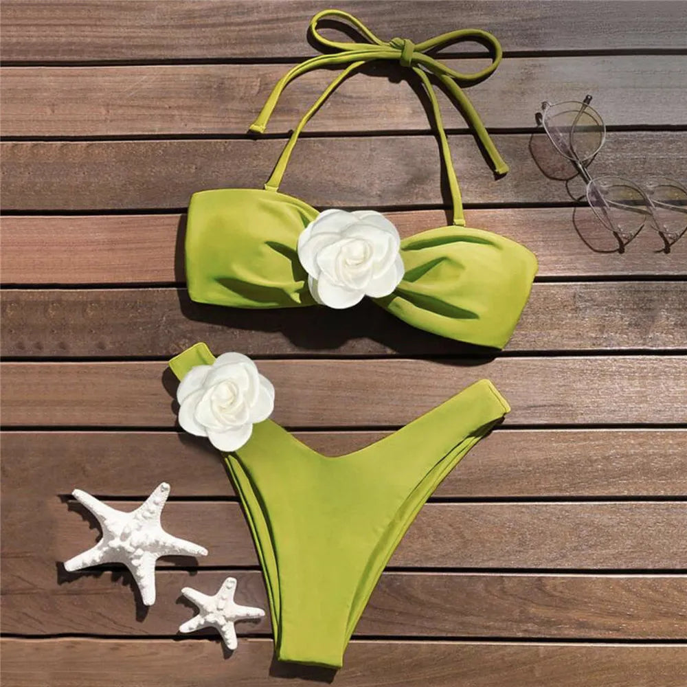 Womens Floral-accent Lime Green Bikini Swimwear Set on Luulla