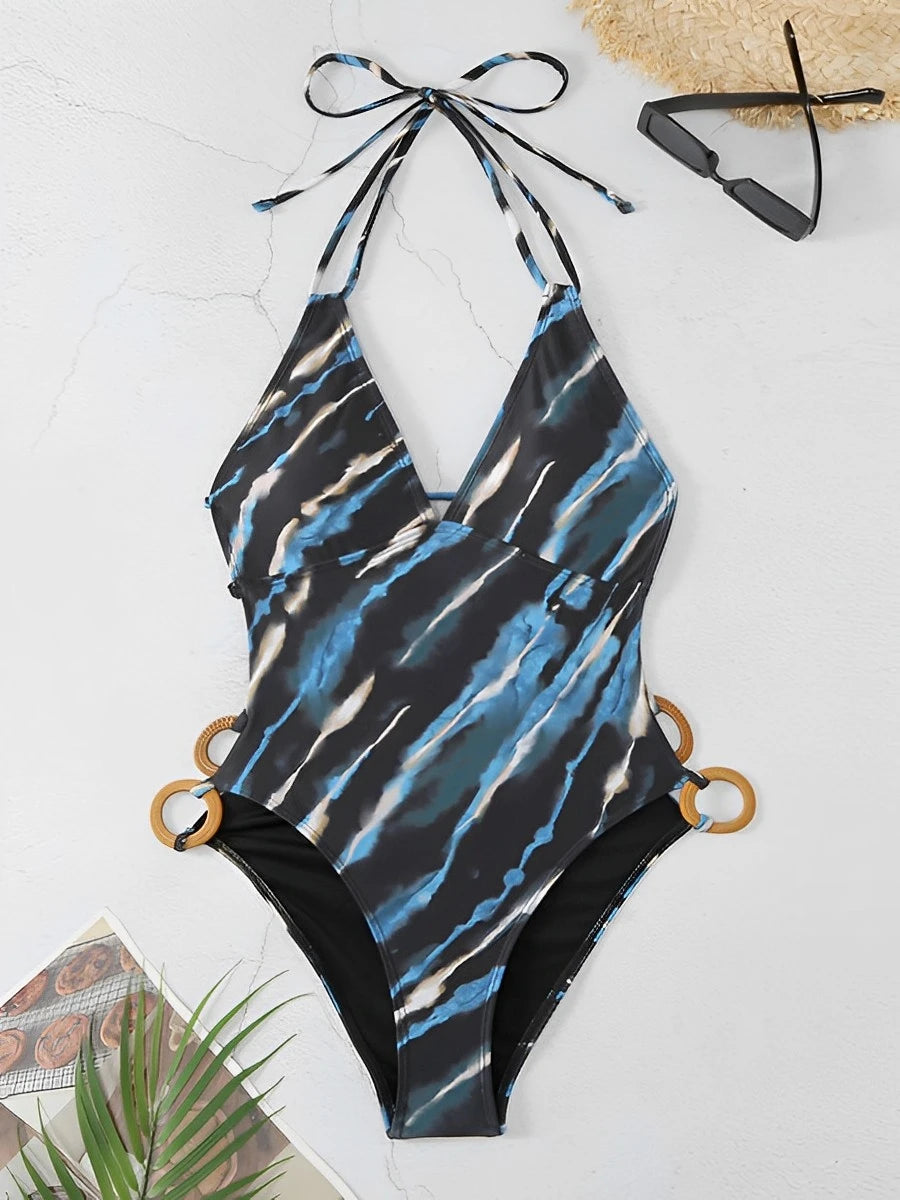 Contrast Halter Neck Chain Detail One-Piece Swimsuit