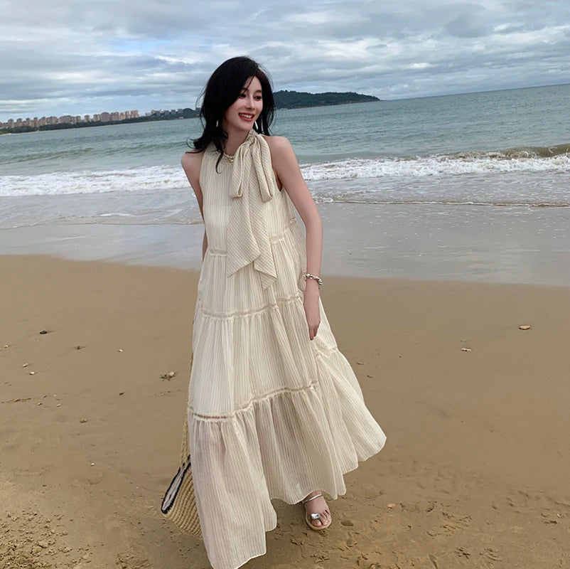 Bohemian Long Beach Dress White Boho Lace Maxi Dress  Deep V-Neck A-Line  Dress With