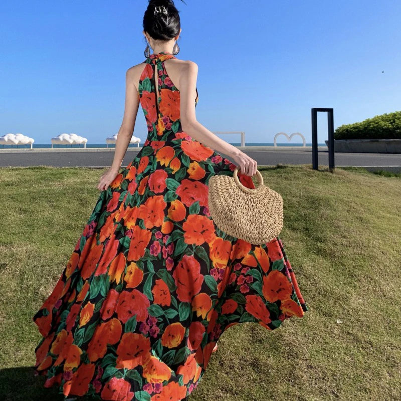 Fashionable Floral Patchwork Halter Maxi Dress