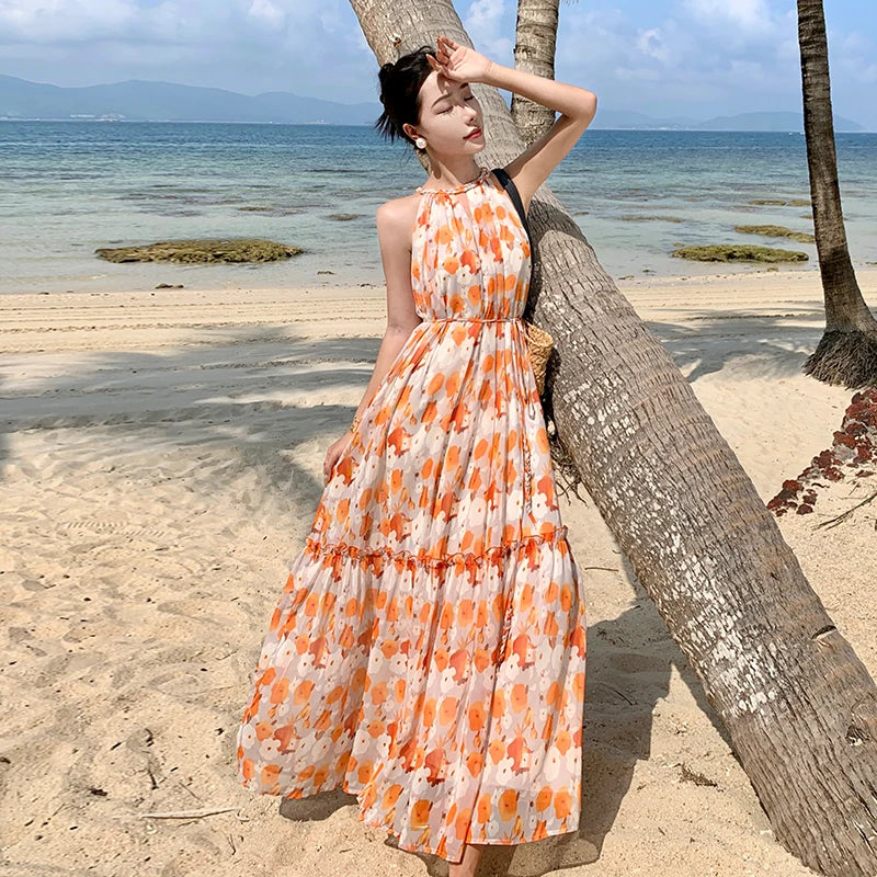 2018 Print Black Halter Beach Maxi Long Dress