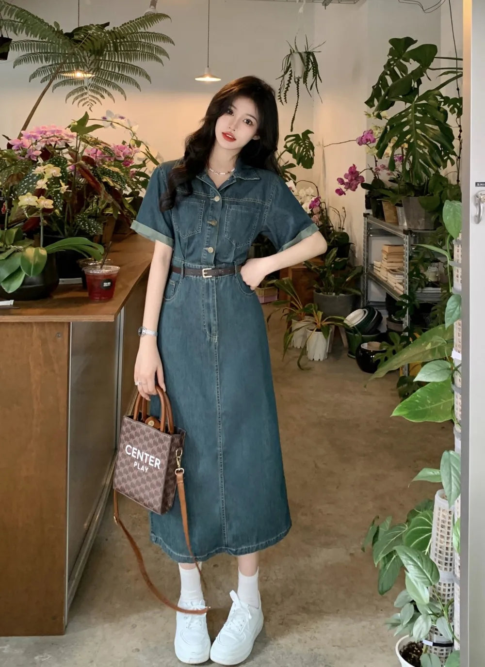 Chic Shoulder Button-Down Denim Dress main image 1