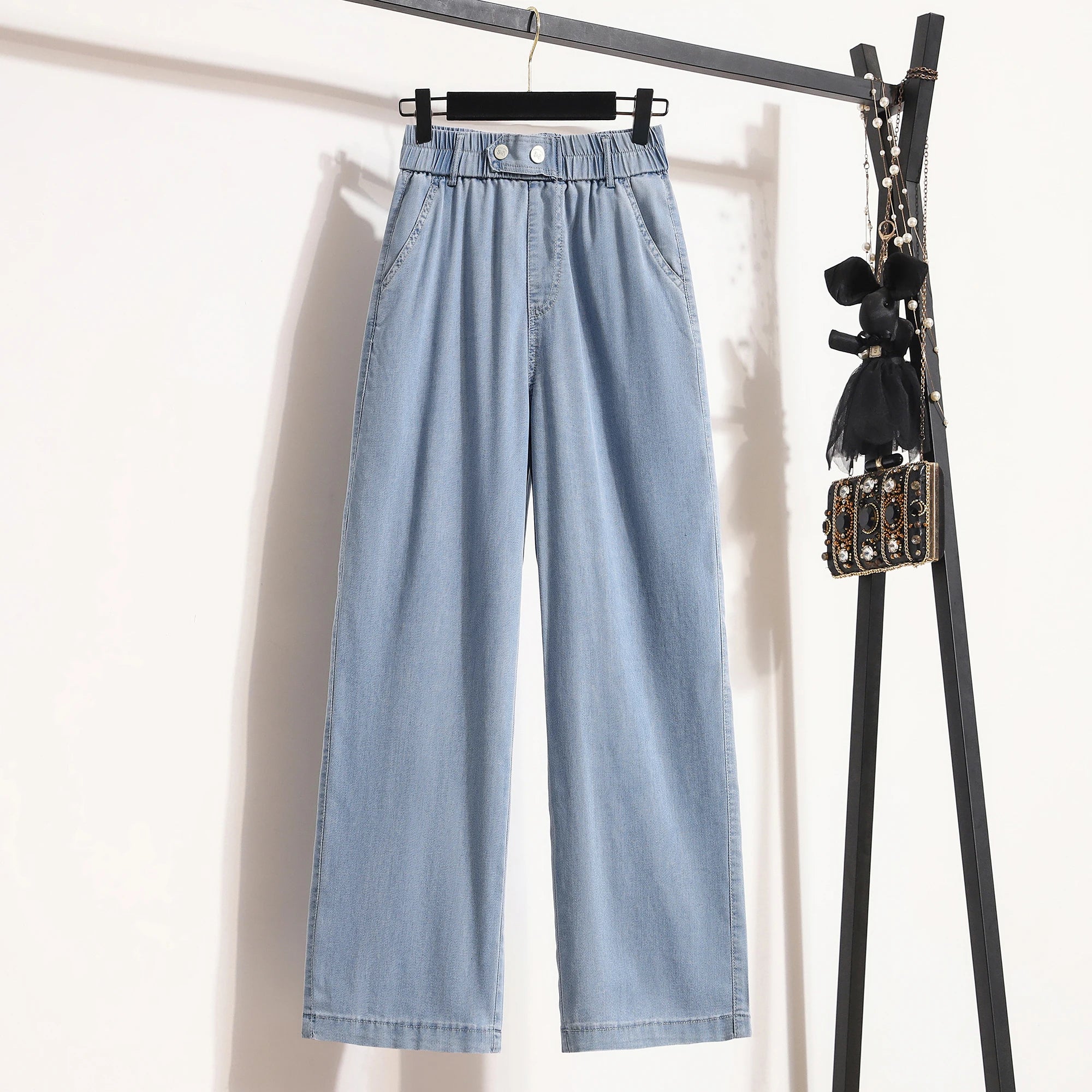 High-Waist Button Wide-Leg Denim Pants