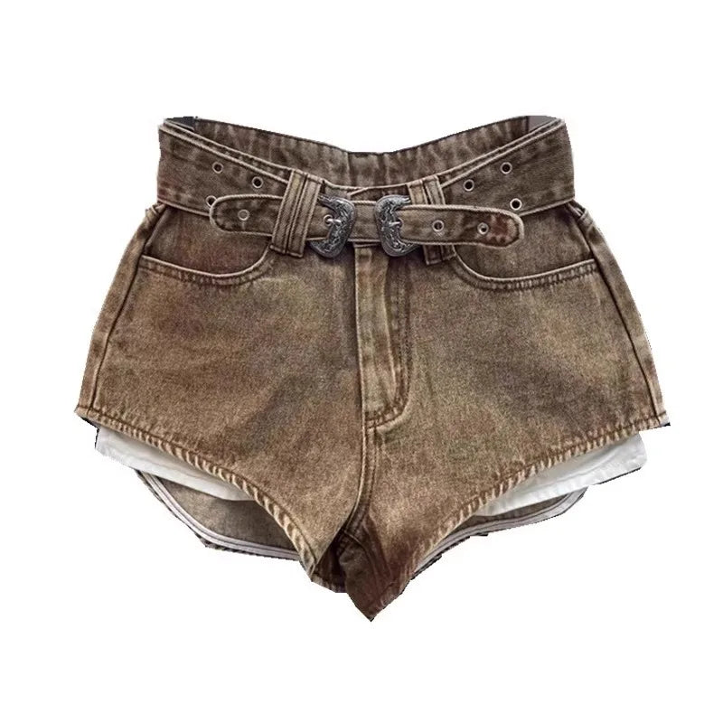Belted High Waist Wash Denim shorts main image 1