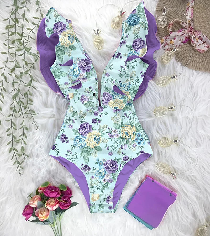 Women Tropical Ruffle Trim One Piece Swimsuit