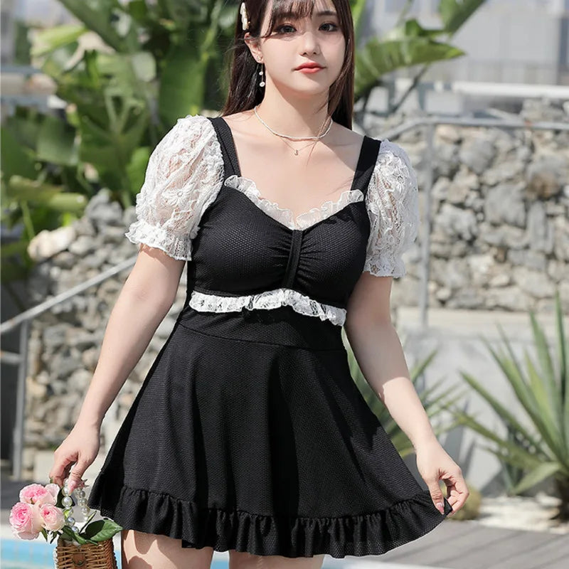 Elegant Black Lace Trim Short Sleeve Dress on Luulla