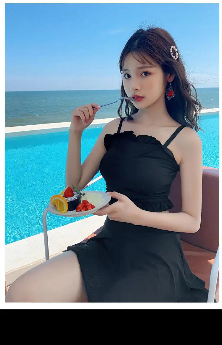 Black Ruffled One Shoulder 2 Piece Swimsuit with Beach Skirt