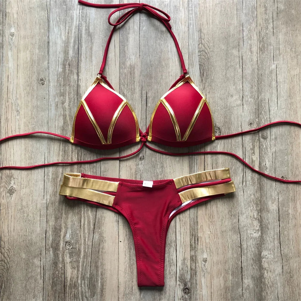 Red Triangle Bikini With Gold Chain