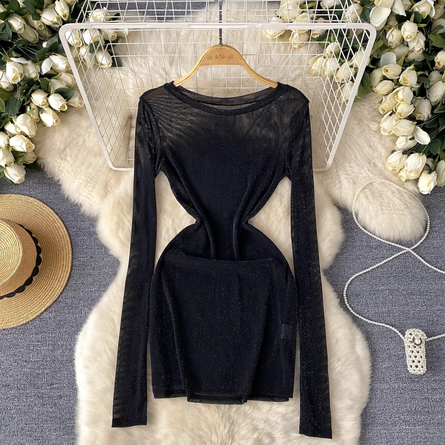 Sheer Mesh Long Sleeve Slit Dress