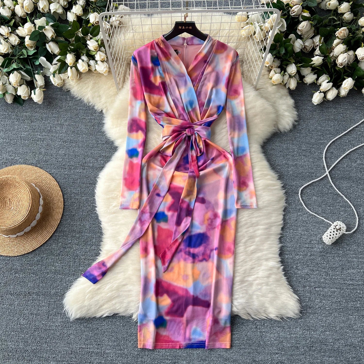Colorful Tie-Dye Long-Sleeved One-Line Shoulder Tight Dress