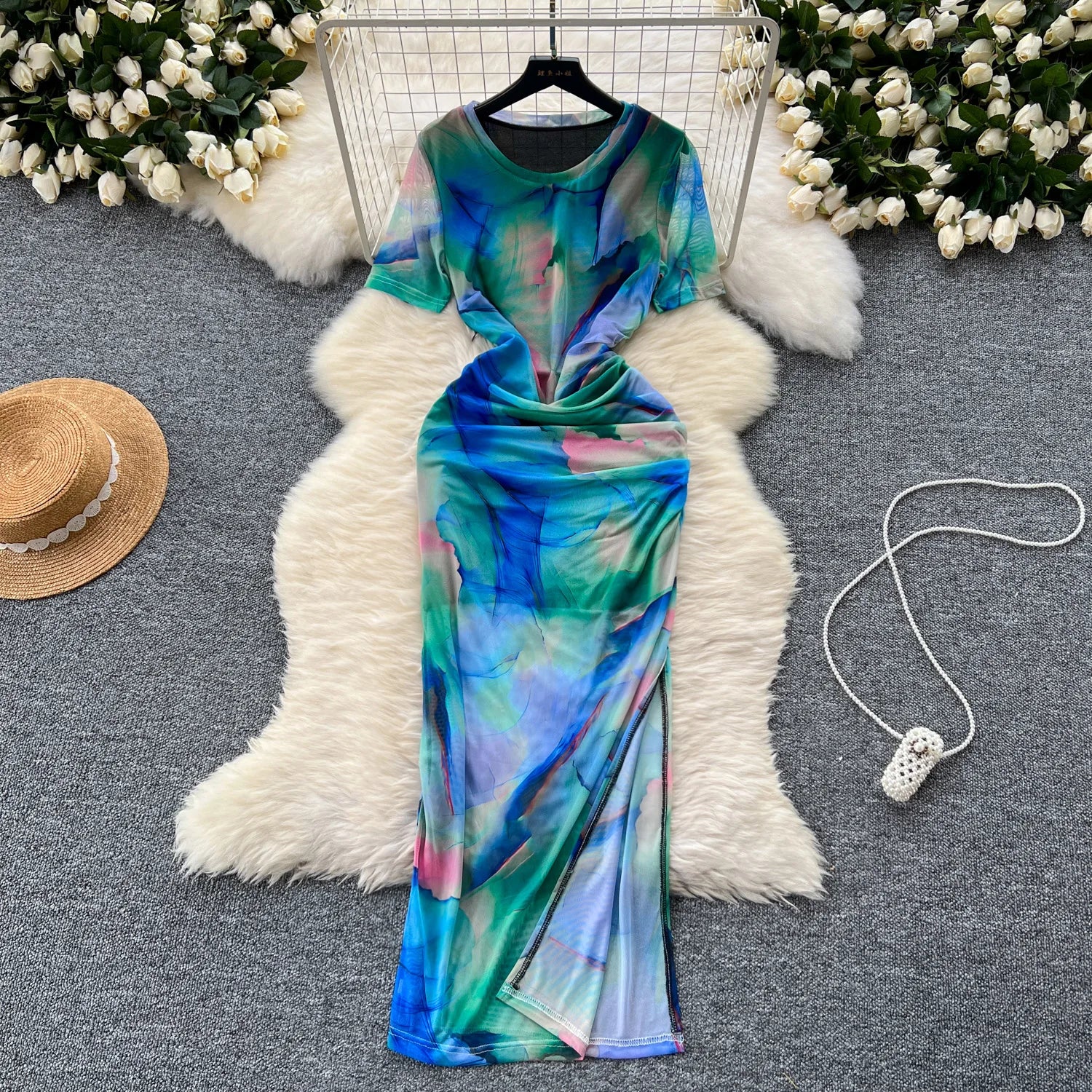 Frayed Edge Tie Dye High Low Hem Maxi Dress