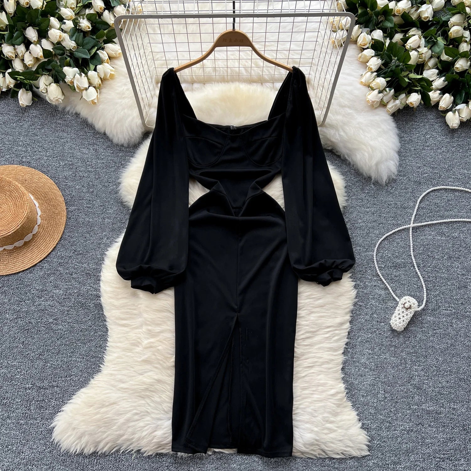 Black Satin Lapel Suit Dress