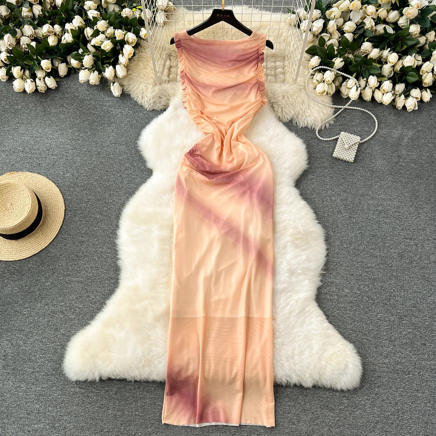 Elegant Mesh Ruched Satin Backless Maxi Dress