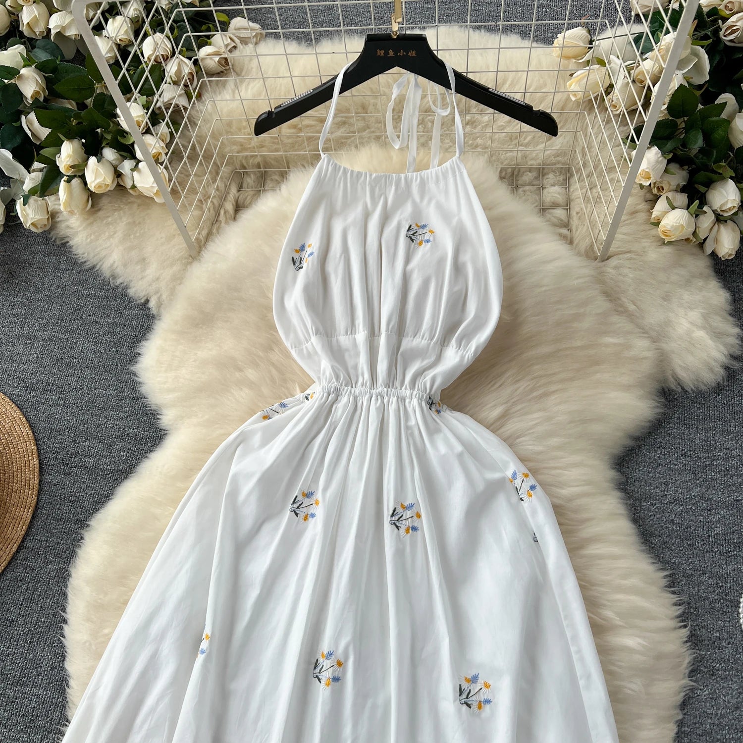 Floral Embroidered White Halter Neck Maxi Dress on Luulla