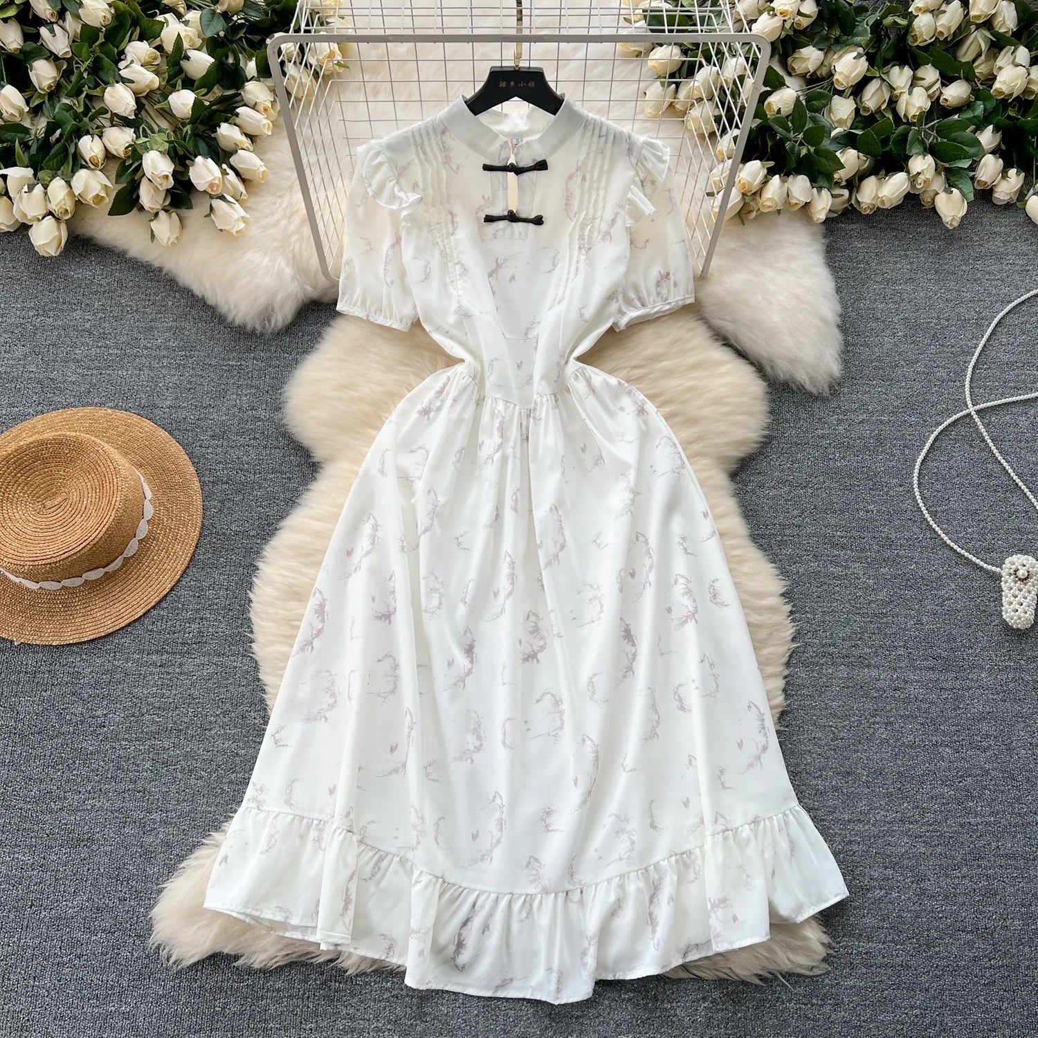 Elegant White Floral Print Midi Dress on Luulla