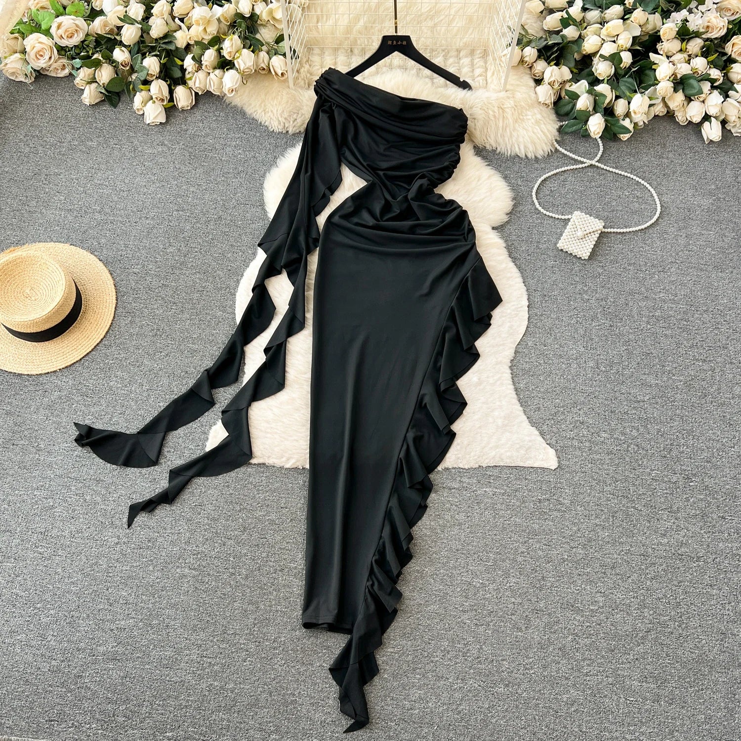 Elegant Off Shoulder Black Gown with Thigh High Slit