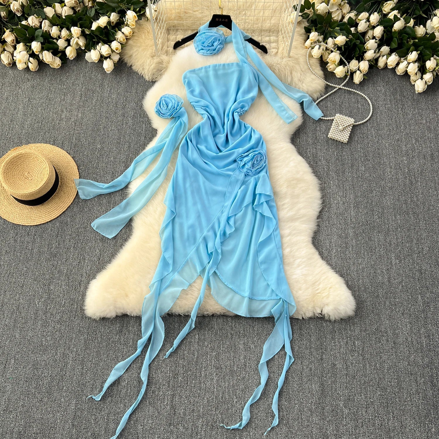 19985 Ecru Asymmetrical Chiffon Dress
