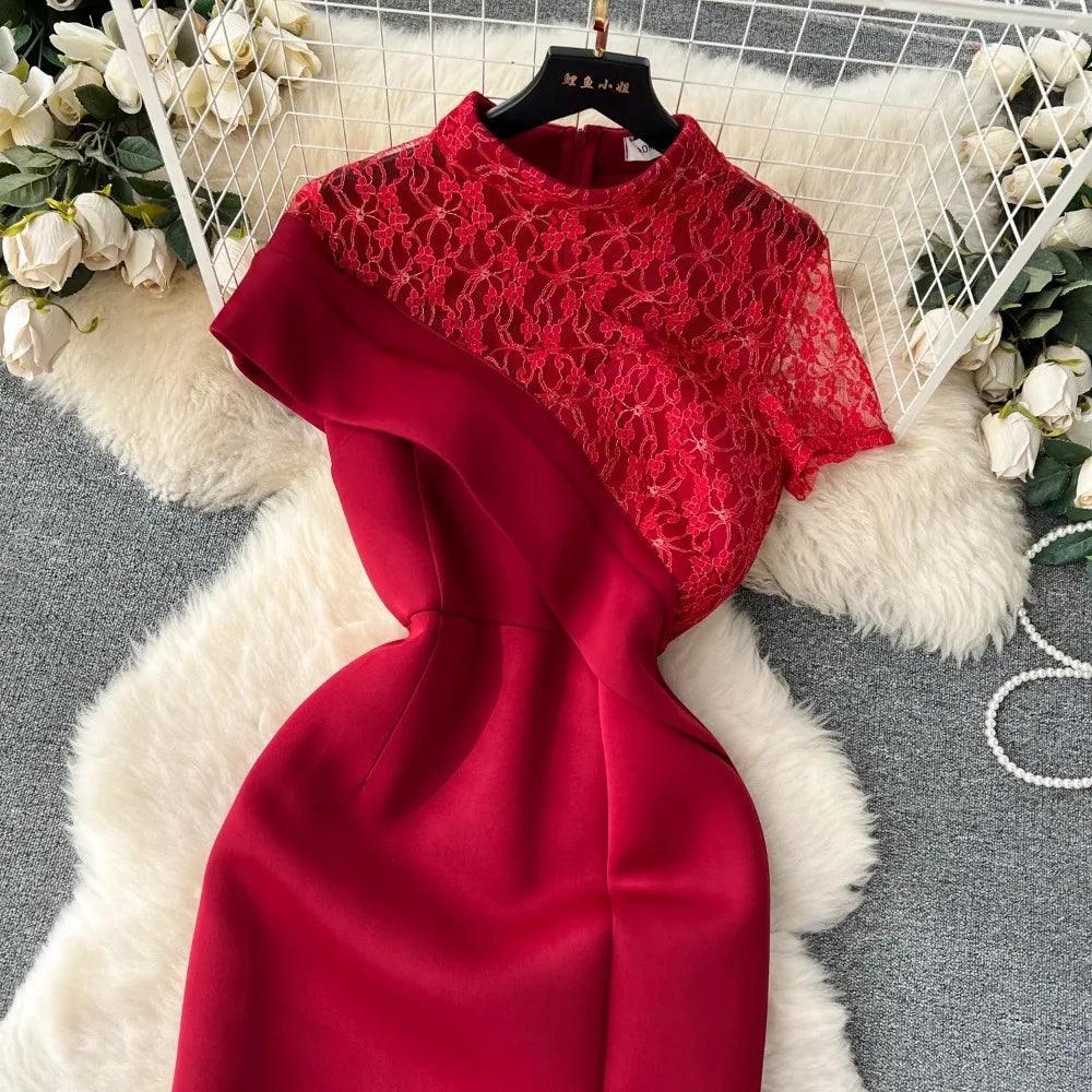 Deep Red Europa Gown with lace up back for hire main image 0