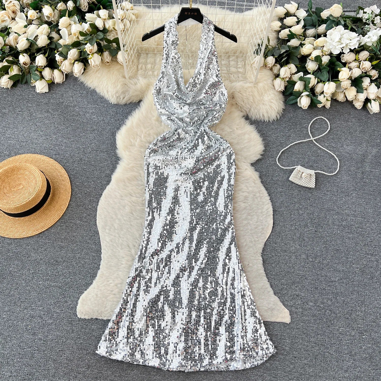 Stay Halter Neck Sequin Mini Dress Silver main image 0