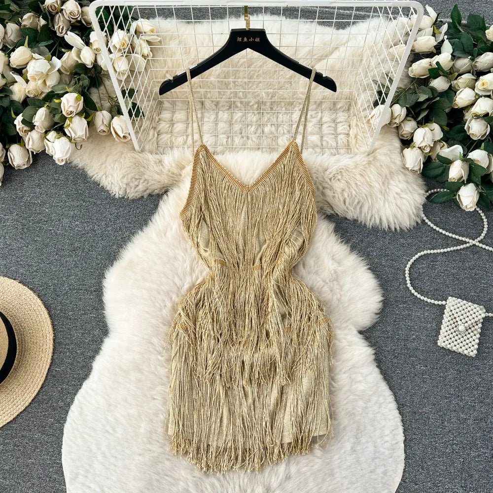 Gold Fringe Cocktail Dress With Spaghetti Straps on Luulla