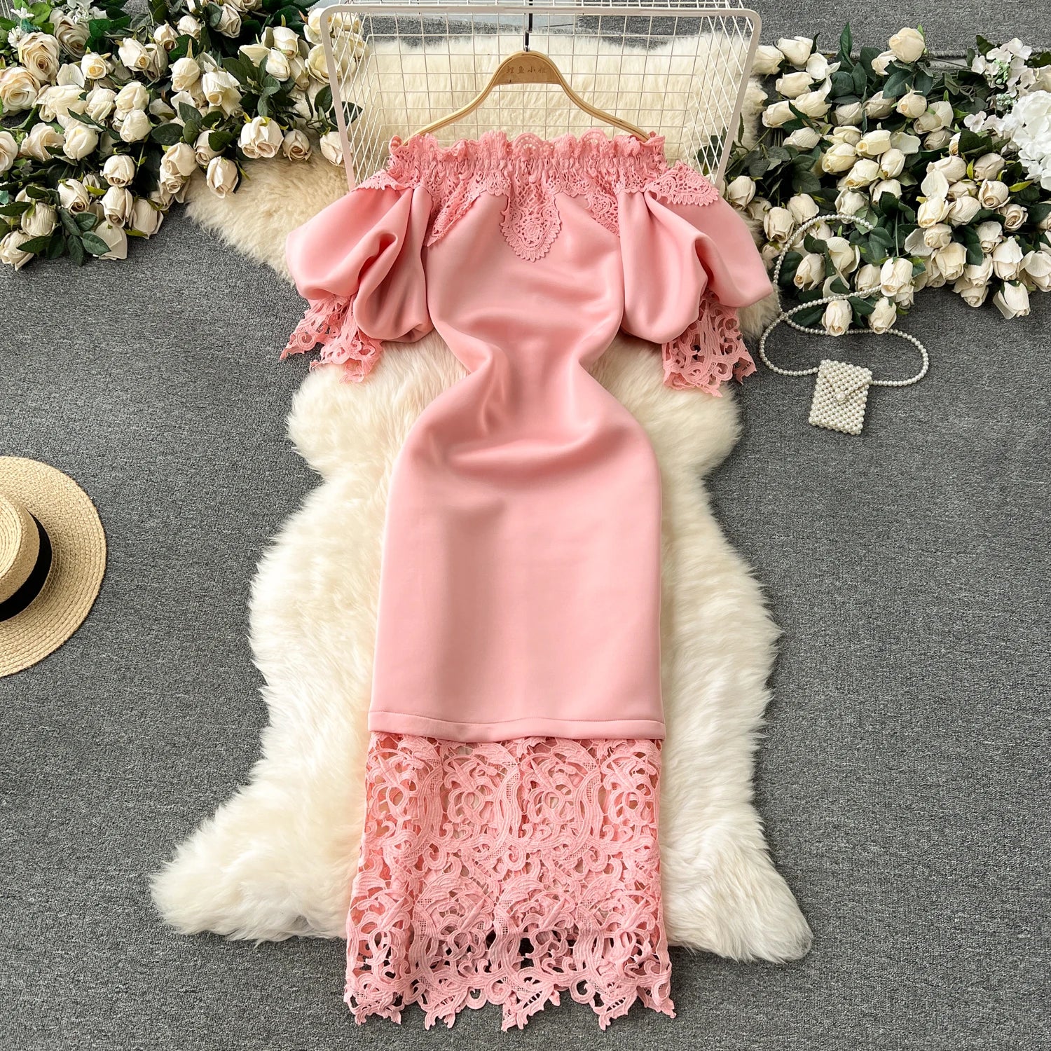 Pink Off-Shoulder Midi Dress