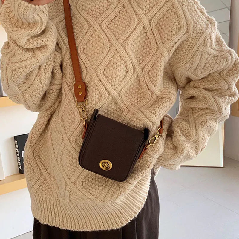 Compact Brown Leather Crossbody Bag With Strap on Luulla