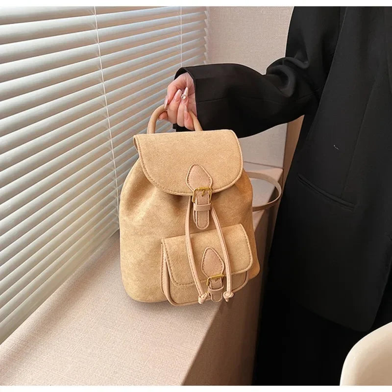 Stylish Beige Suede Backpack With Front Pocket on Luulla