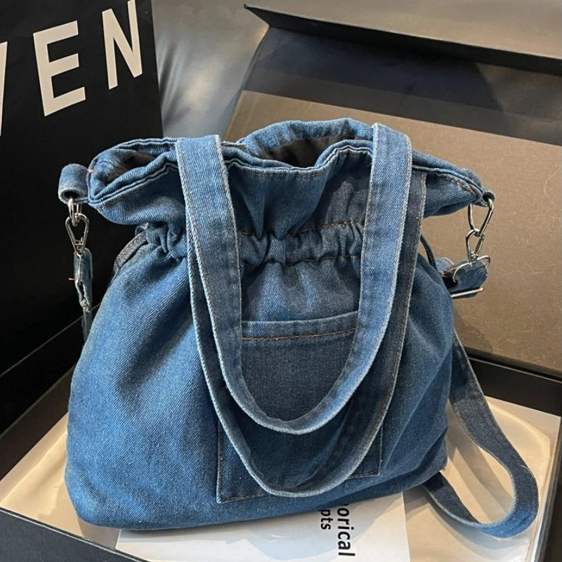 Casual Denim Drawstring Tote Bag With Handles on Luulla