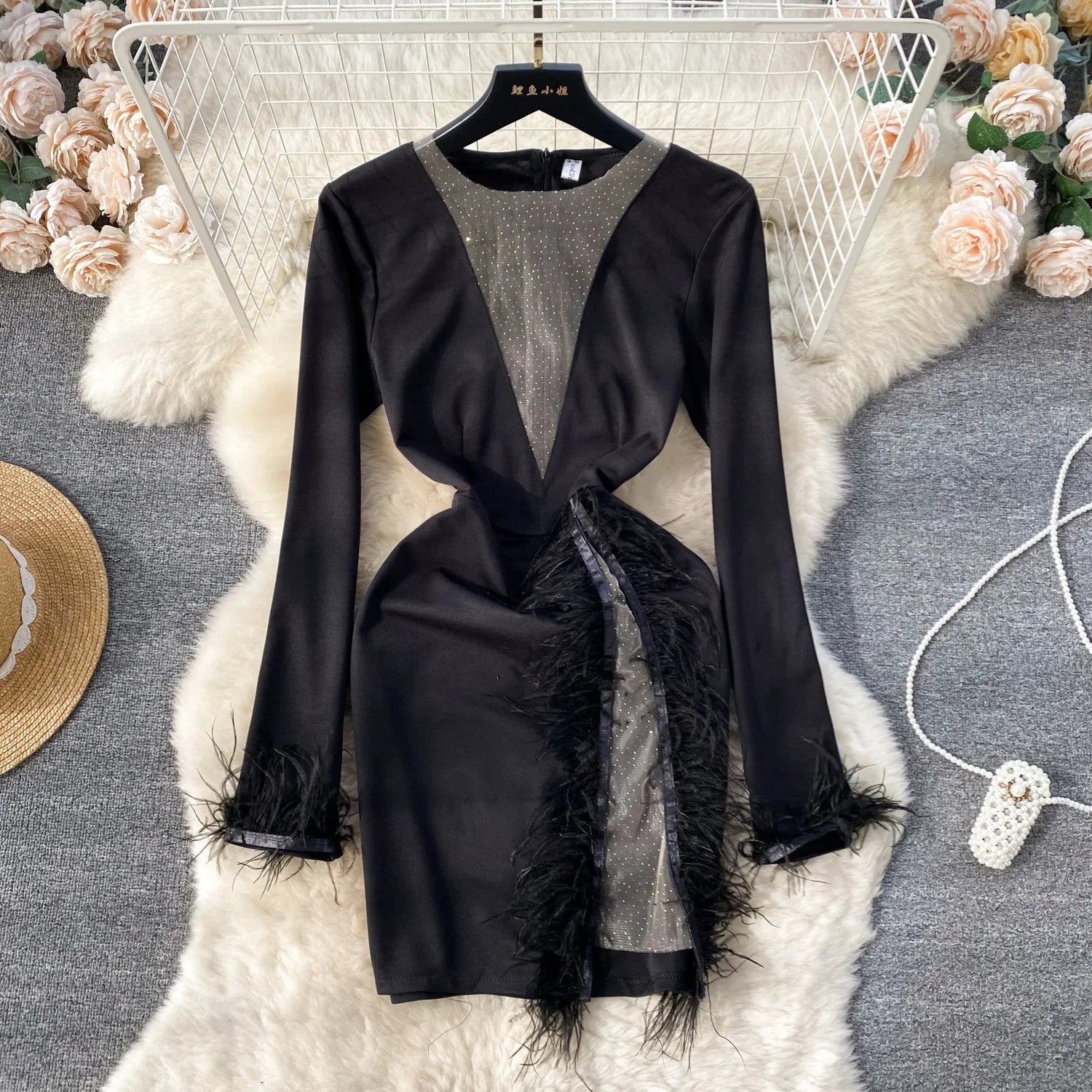 black dress with feathers High Neck Feather Trim – Rare London evening dresses long 15 Red and Black Size:16.5-36-37
