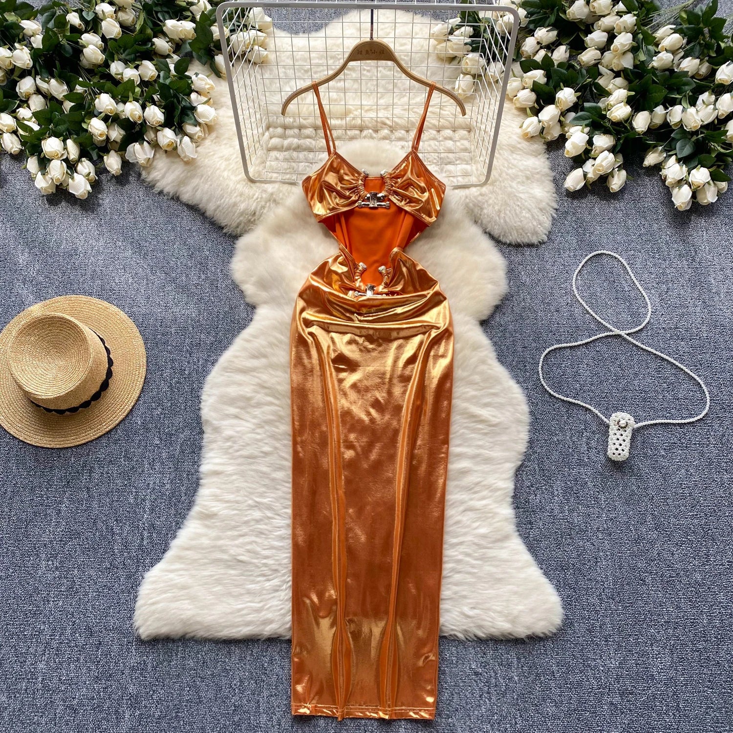 1310157 Orange Satin Detail Dress