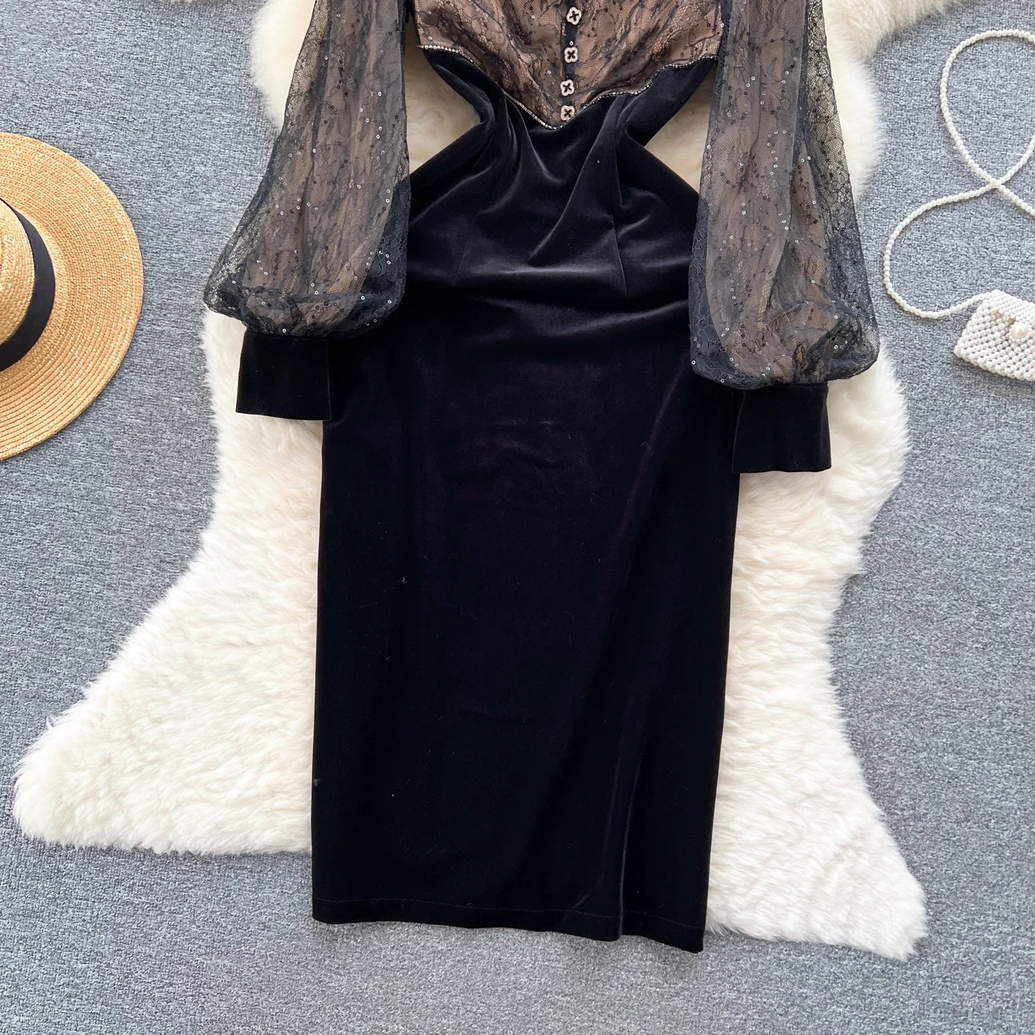 Elegant Black Velvet Dress With Sheer Sleeves on Luulla