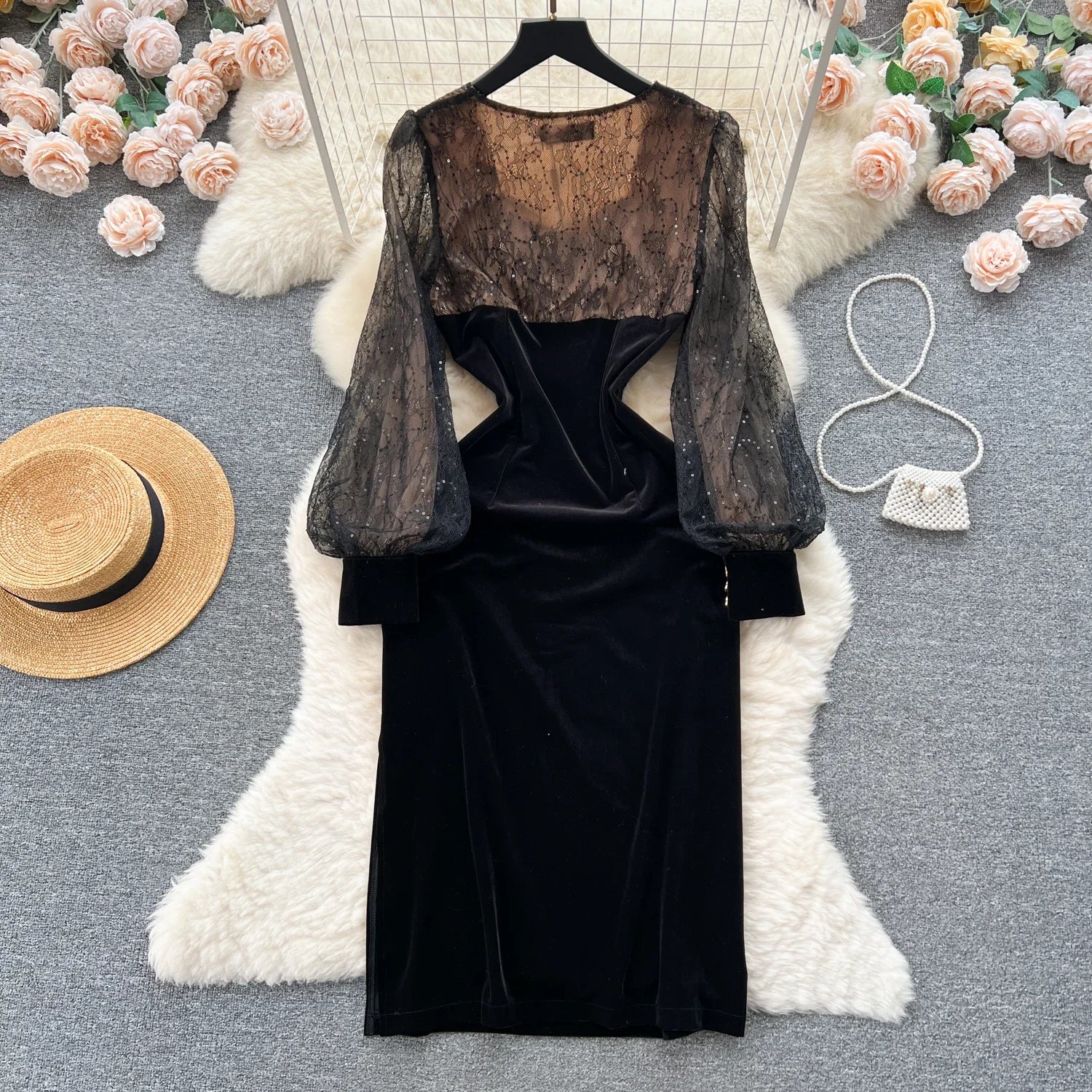 Elegant Black Velvet Dress With Sheer Sleeves on Luulla
