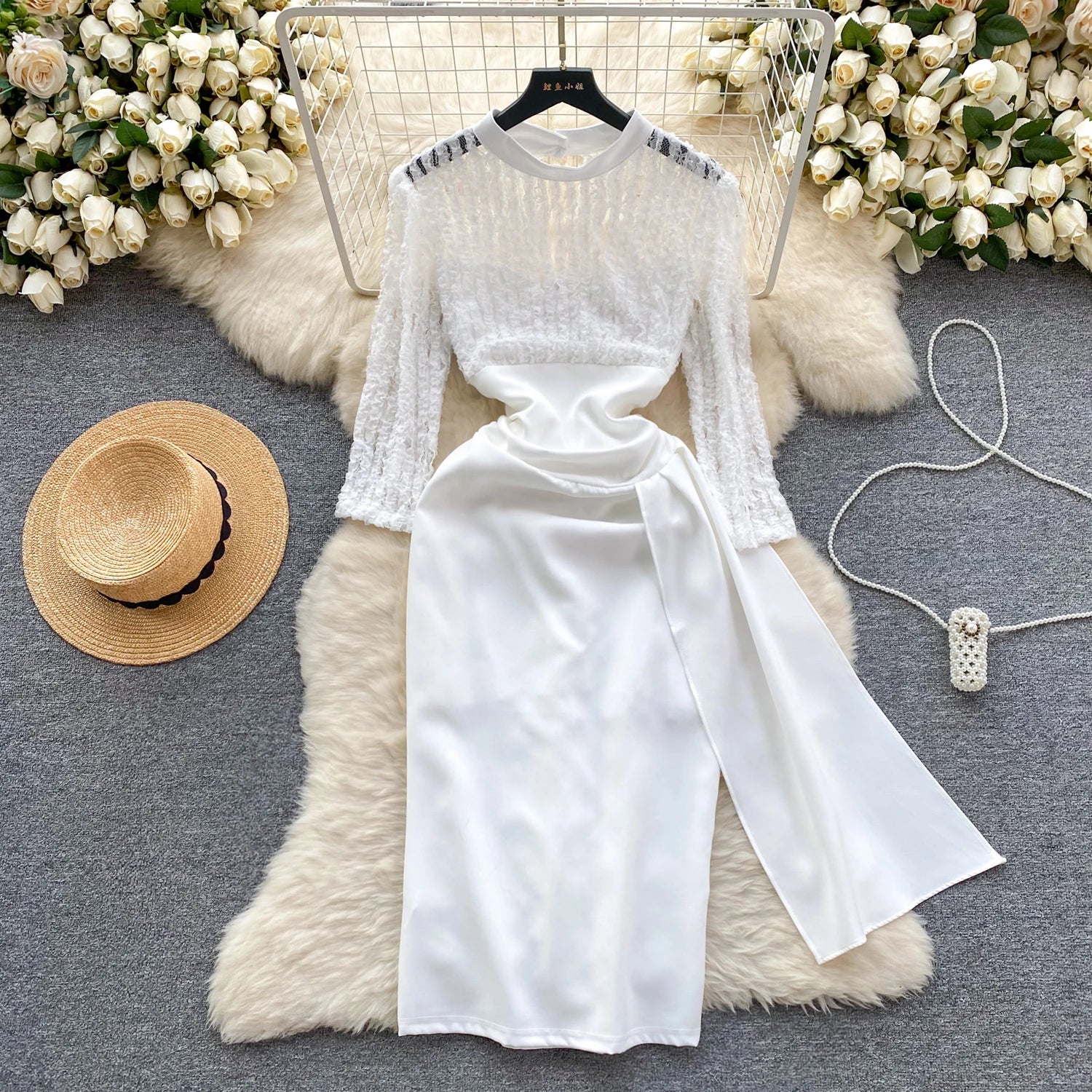 LACE SATIN MIDI DRESS main image 0