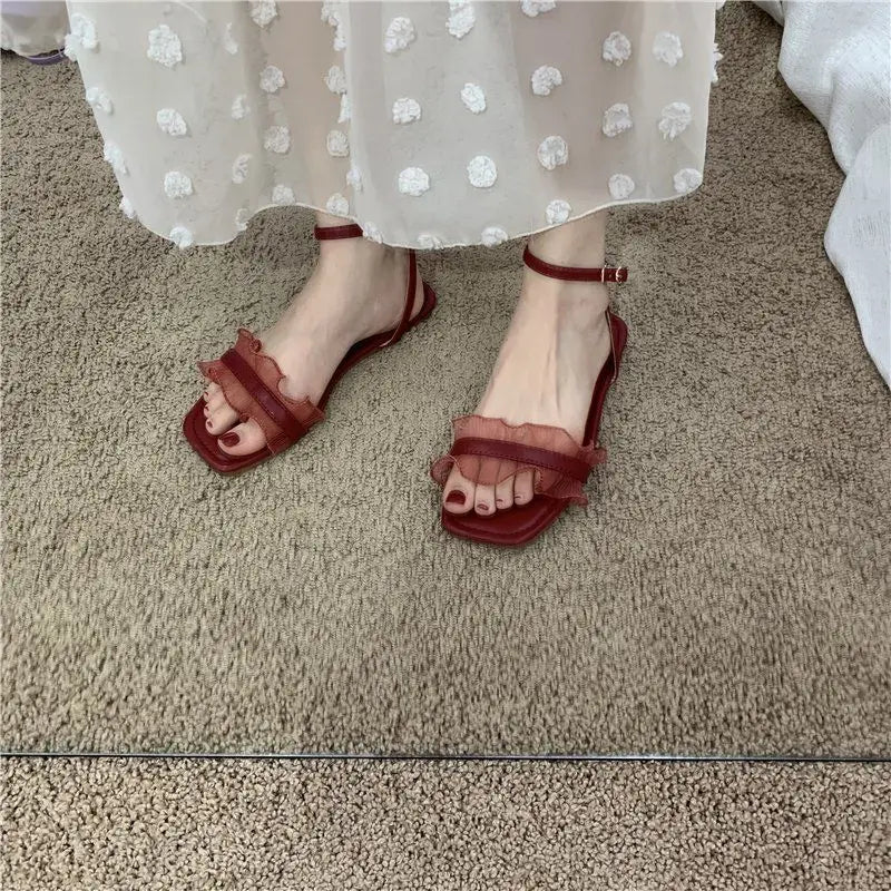 Red Strappy Sandals With Ruffled Design on Luulla