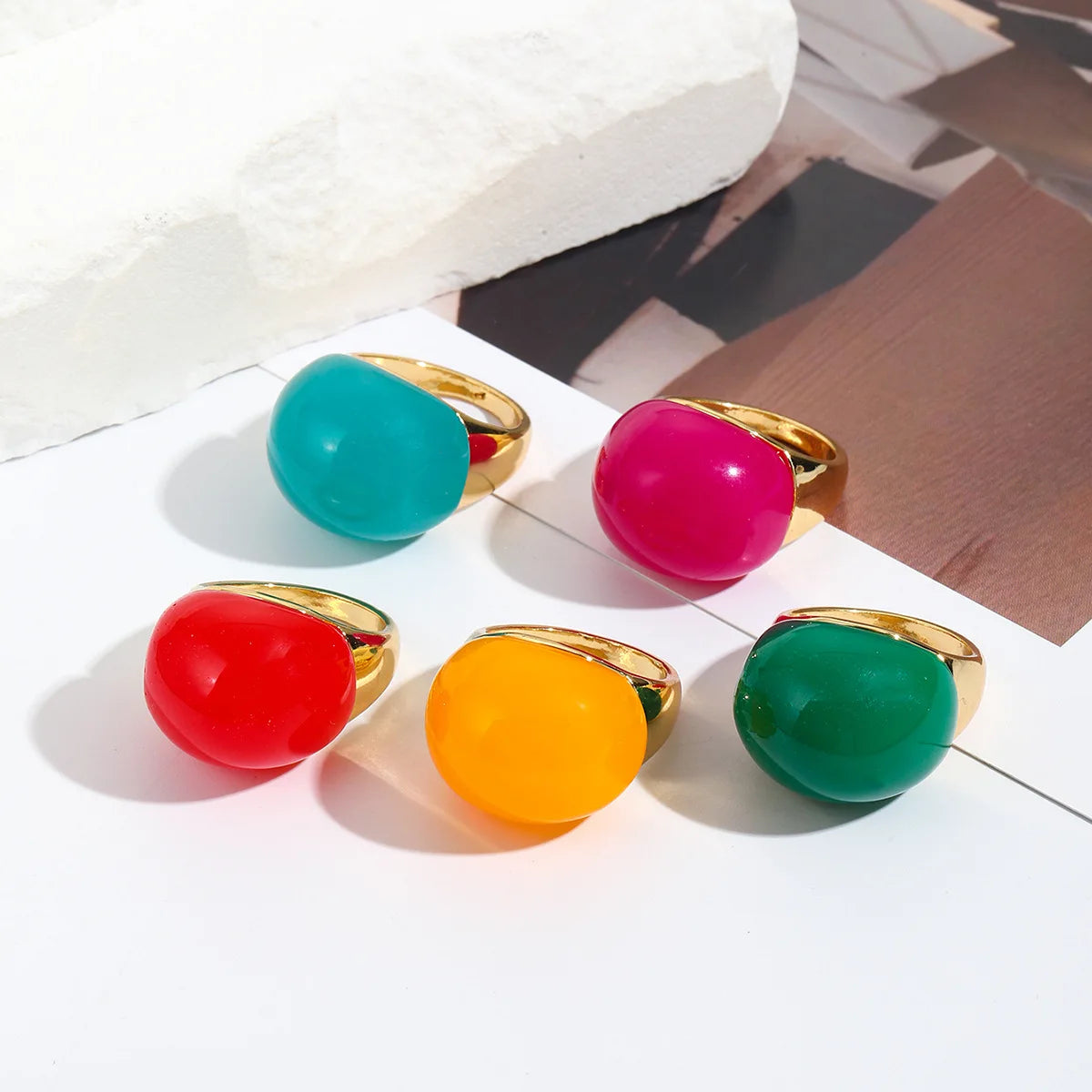 Colorful Resin Dome Rings Set - Five Pieces on Luulla