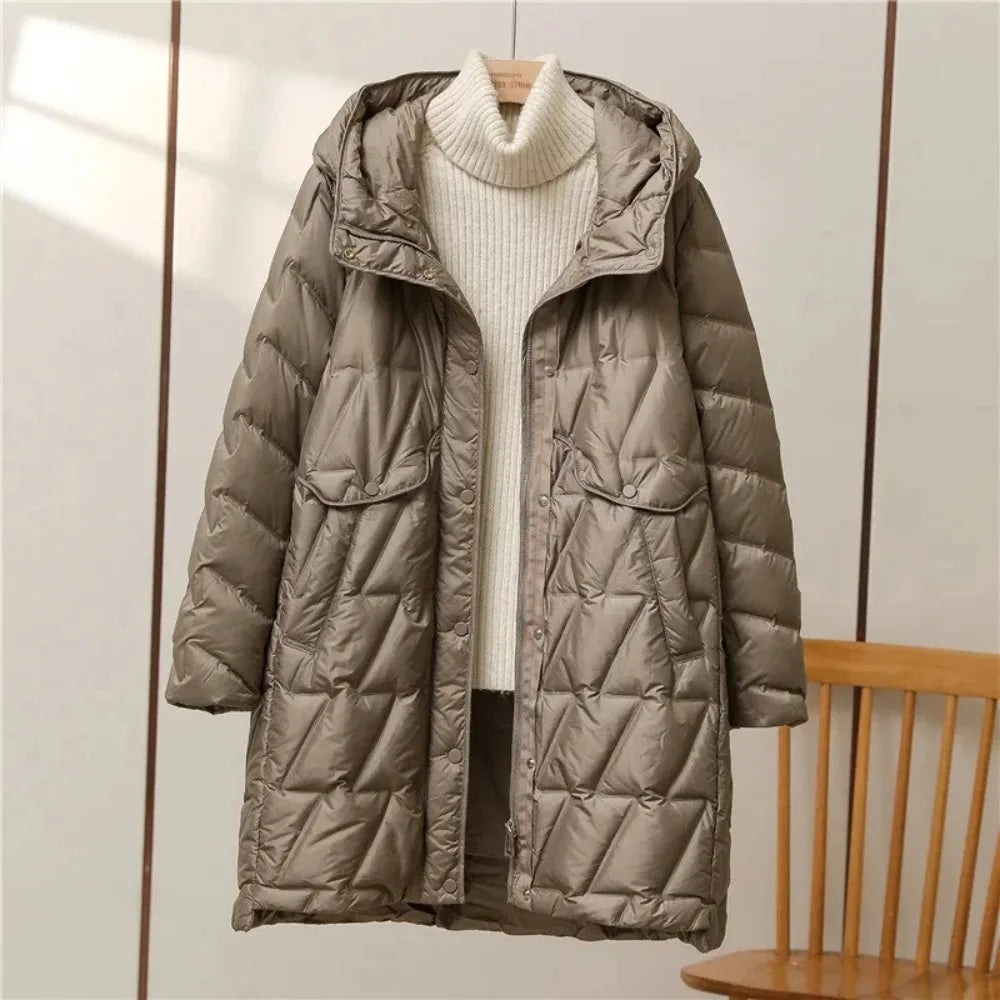 Elegant Black Long Buttoned Down Coat For Winter With High Collar Duck Down Insulation Unisex main image 0