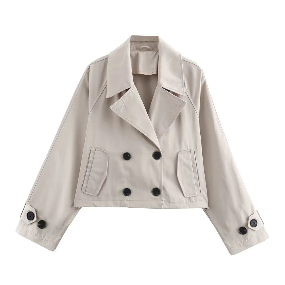 Cropped Trench Jacket with Fur Collar – Beige
